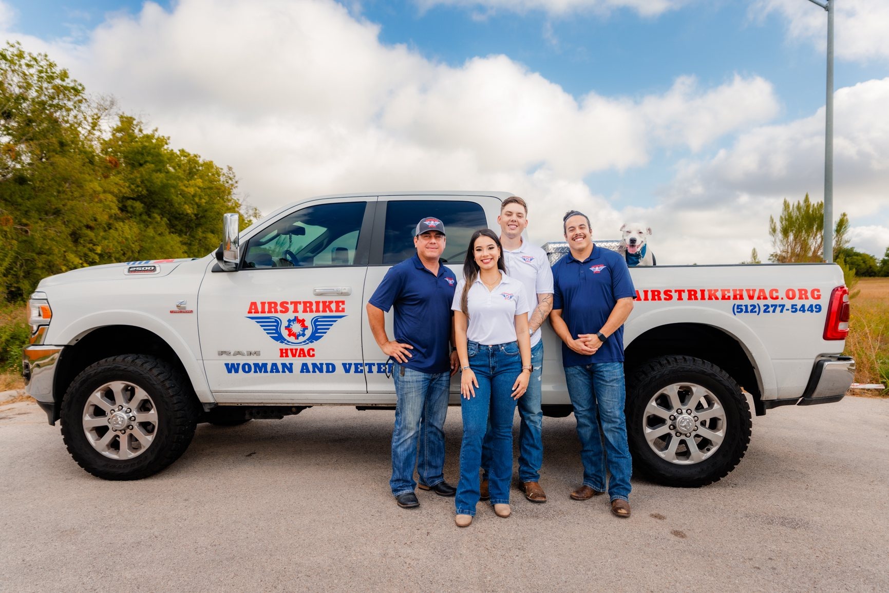 The Airstrike HVAC team in front of their veteran-owned service truck in Central Texas